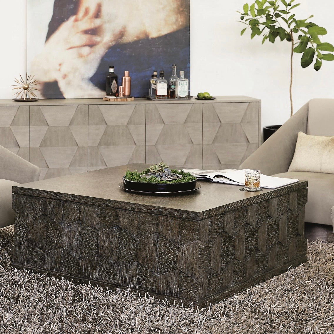 Bernhardt Linea Collection Square Cocktail Table ~ Cerused Charcoal Finish