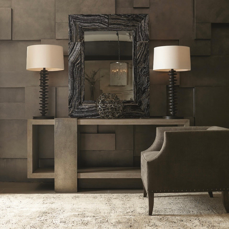 Bernhardt Linea Collection Console Table ~ Cerused Greige Finish with Textured Graphite