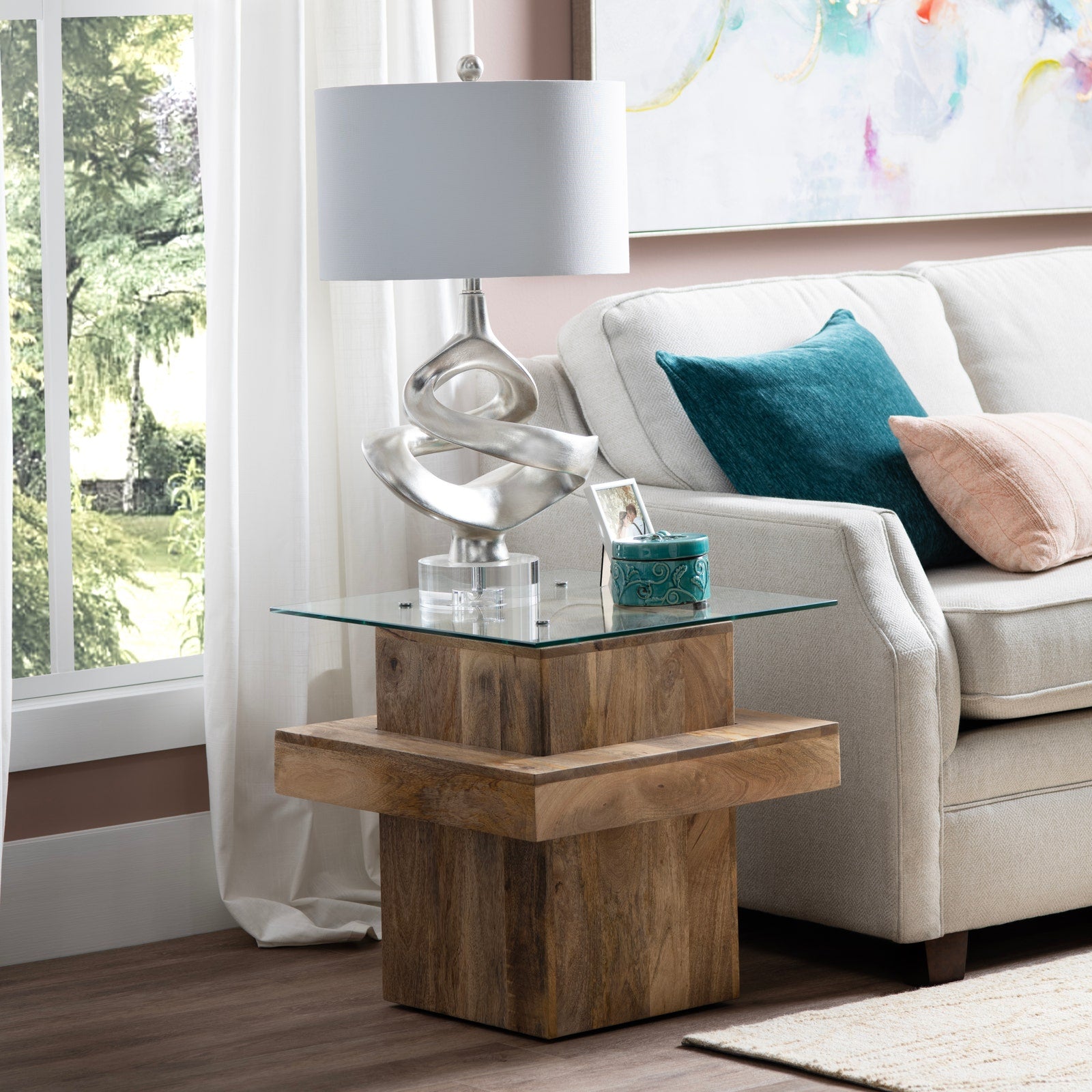 Crestview Collection Monaco Glass and Mango Wood End Table - Image 1