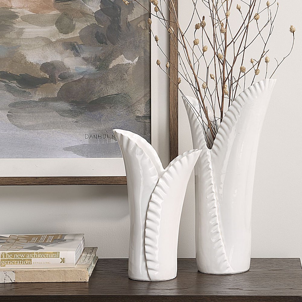 Uttermost Leafscape Set Of Two White Ceramic Vases - Image 1