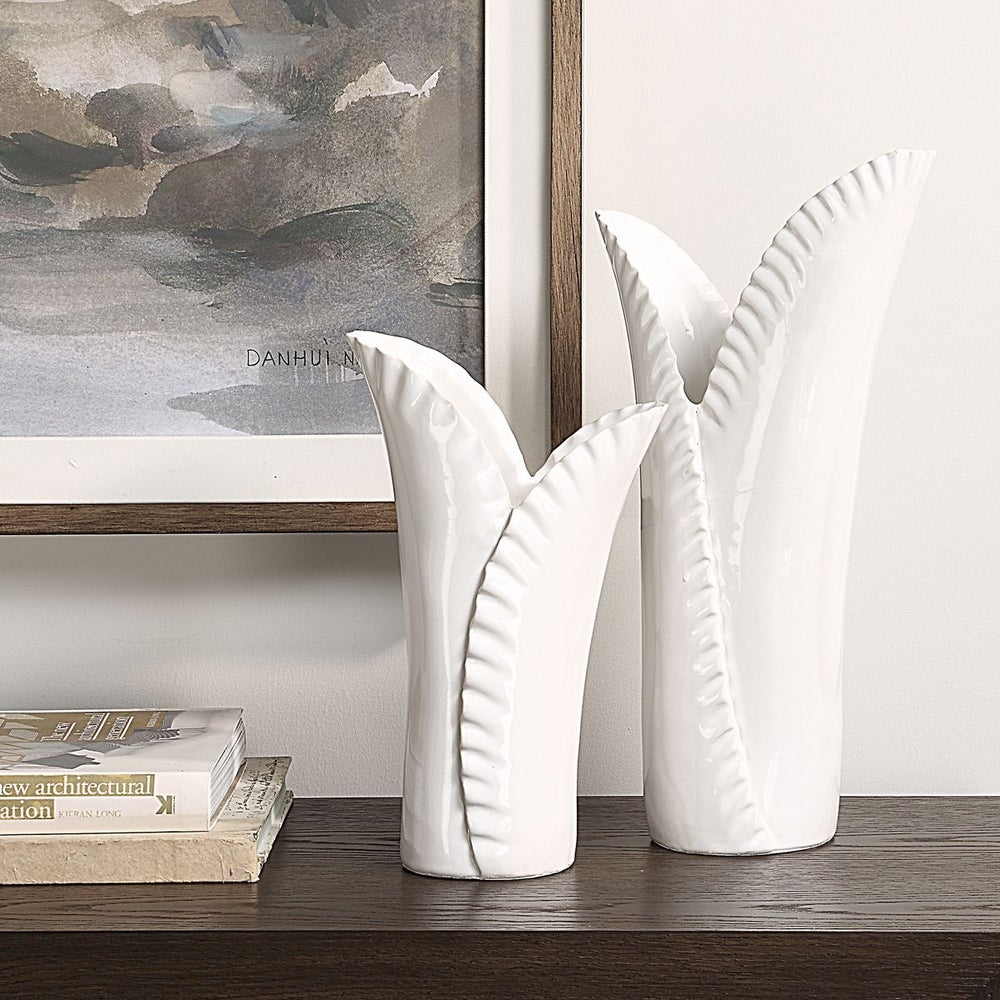 Uttermost Leafscape Set Of Two White Ceramic Vases - Image 3