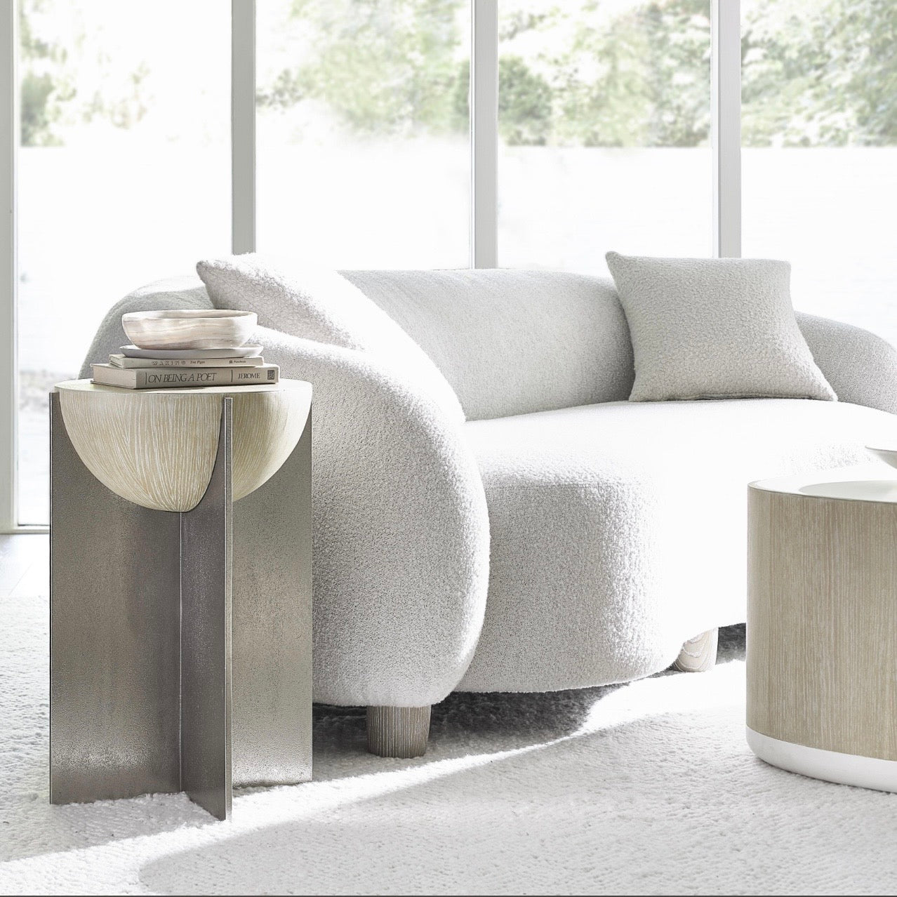 Bernhardt Solaria Collection Pedestal Accent Table ~ Dune Finish With Shiny Nickel Base - Image 1