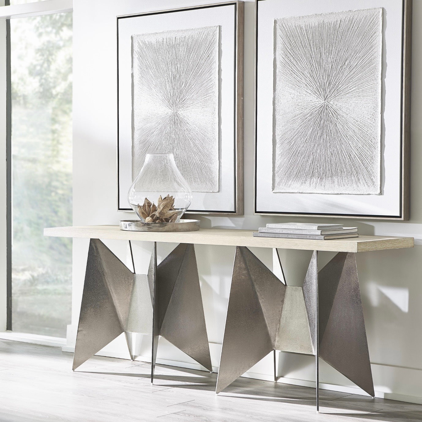 Bernhardt Solaria Collection Geometric Console Table ~ Dune Finish With Shiny Nickel Finish Base