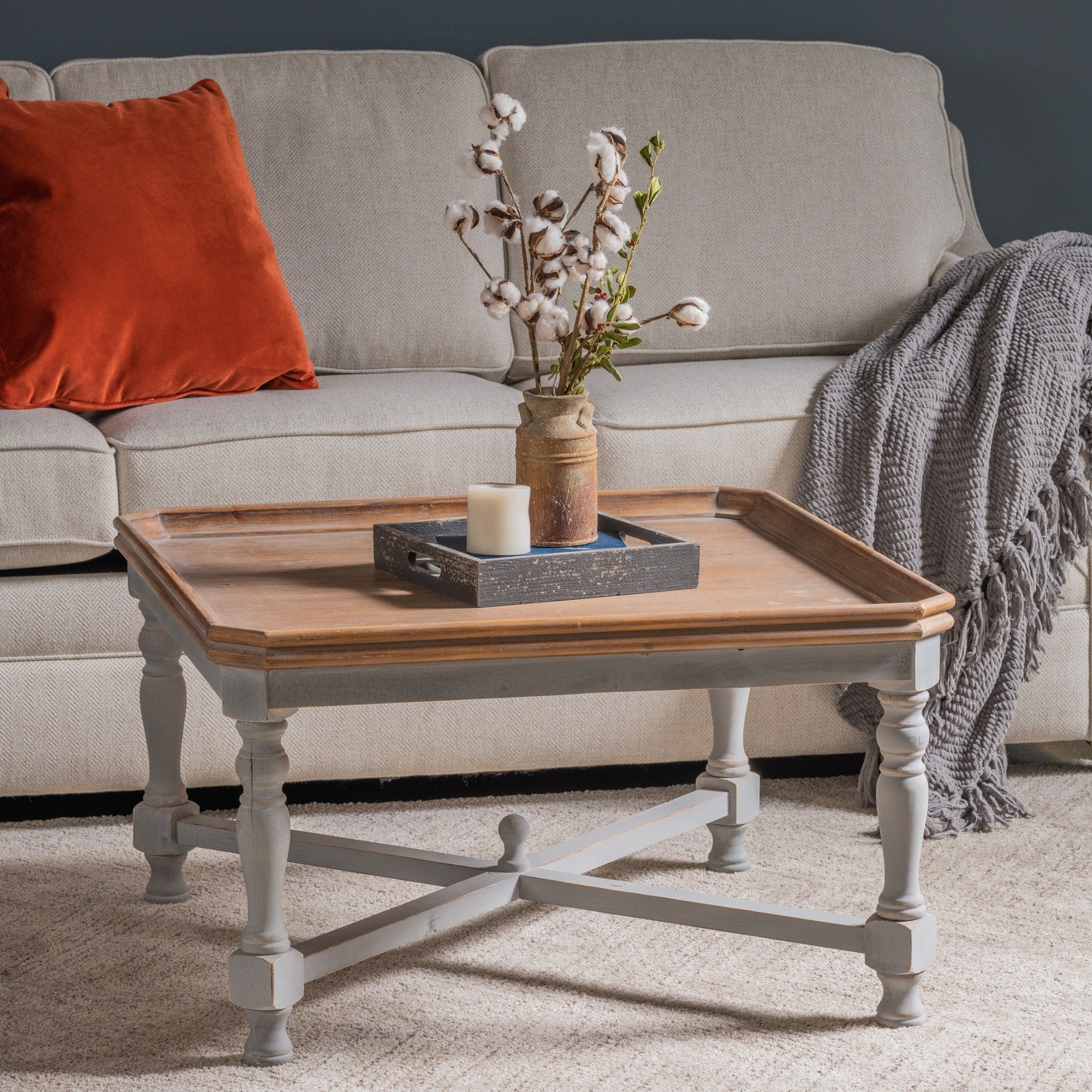 Crestview Collection Alyson Square Grey Wooden Coffee Table With Brown Top - Image 2