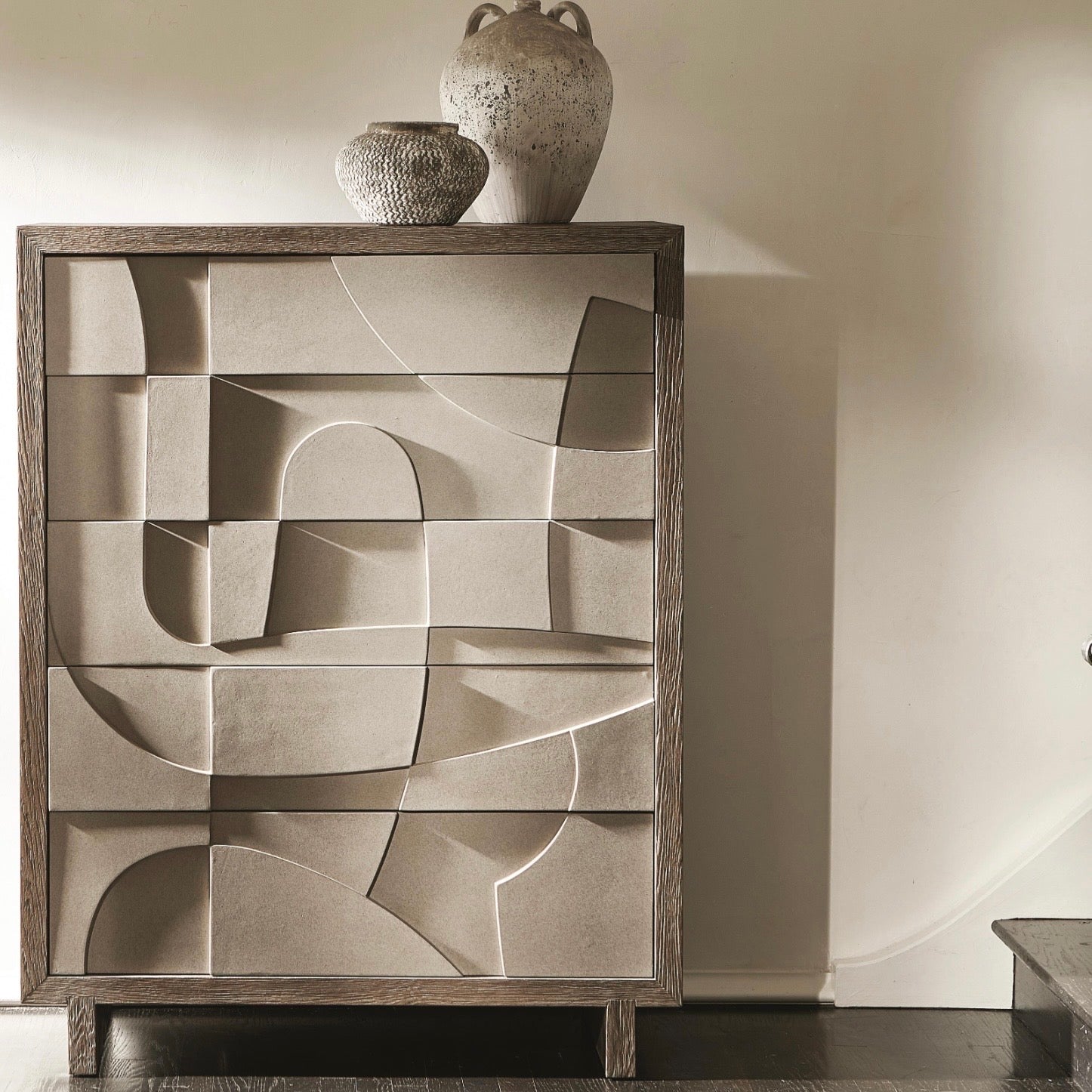 Bernhardt Casa Paros Collection Five- Drawer Tall Drawer Chest ~ Bedrock Faux Concrete Finish
