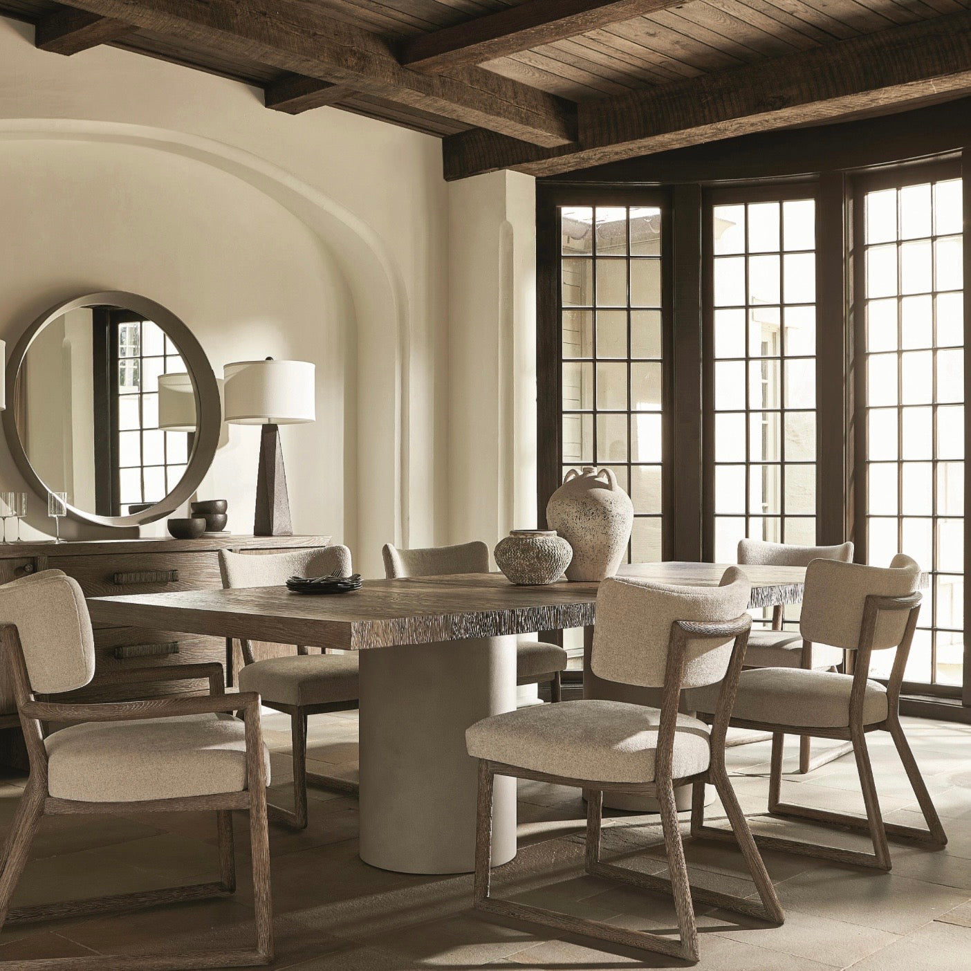Bernhardt Casa Paros Collection Rectangle Dining Table ~ Playa Finish with Bedrock Faux Concrete Pedestal Base