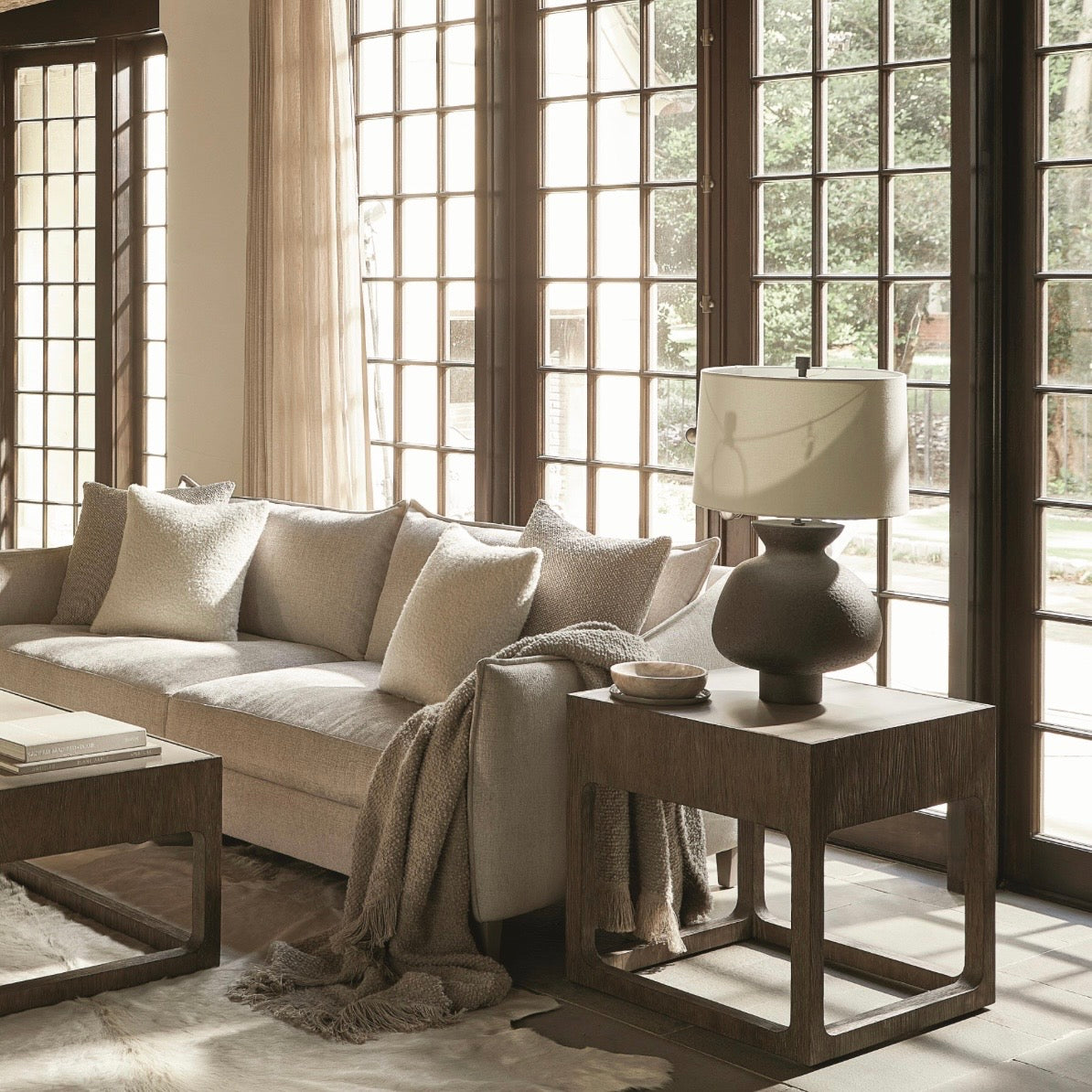 Bernhardt Casa Paros Collection Square Side Table ~ Bedrock Faux Concrete Top with Playa Finish Base