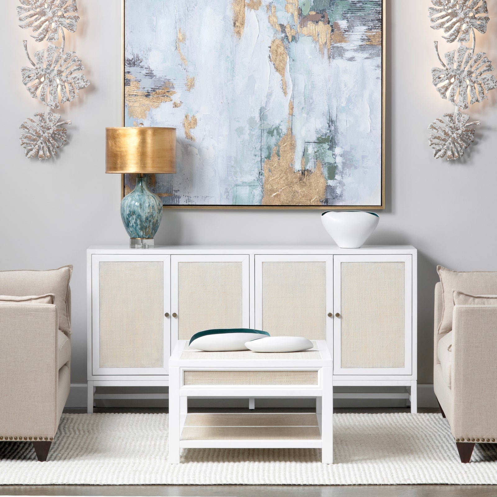 Crestview Collection Sandy Shores White Wood and Rattan Coffee Table - Image 1