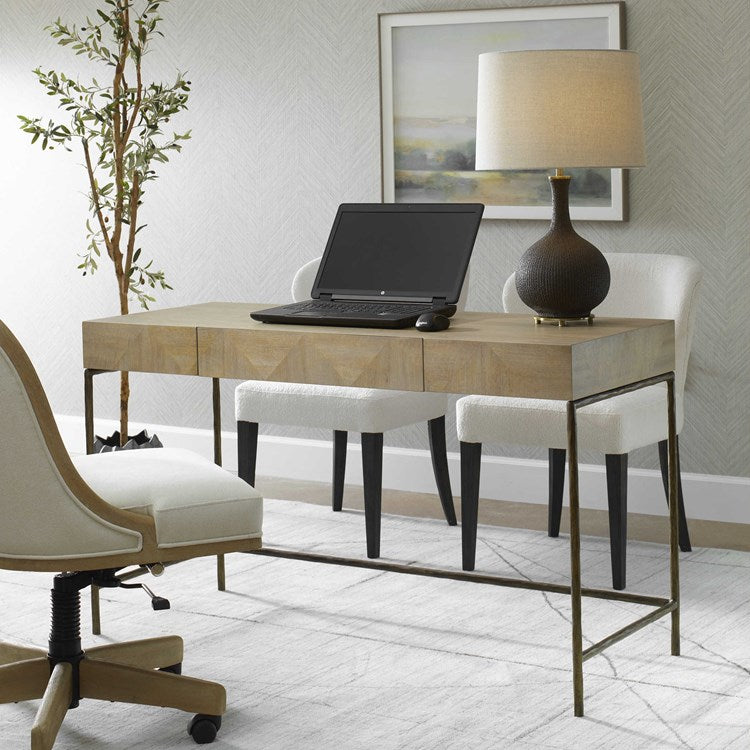 Uttermost Aristotle Natural Primavera Contemporary Desk with Antique Gold Cast Iron Base - Image 3