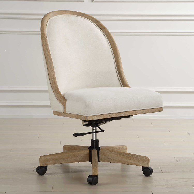 Uttermost Lithe White Frost Fabric and Light Oak Natural Ceruse Desk Chair with Casters - Image 3