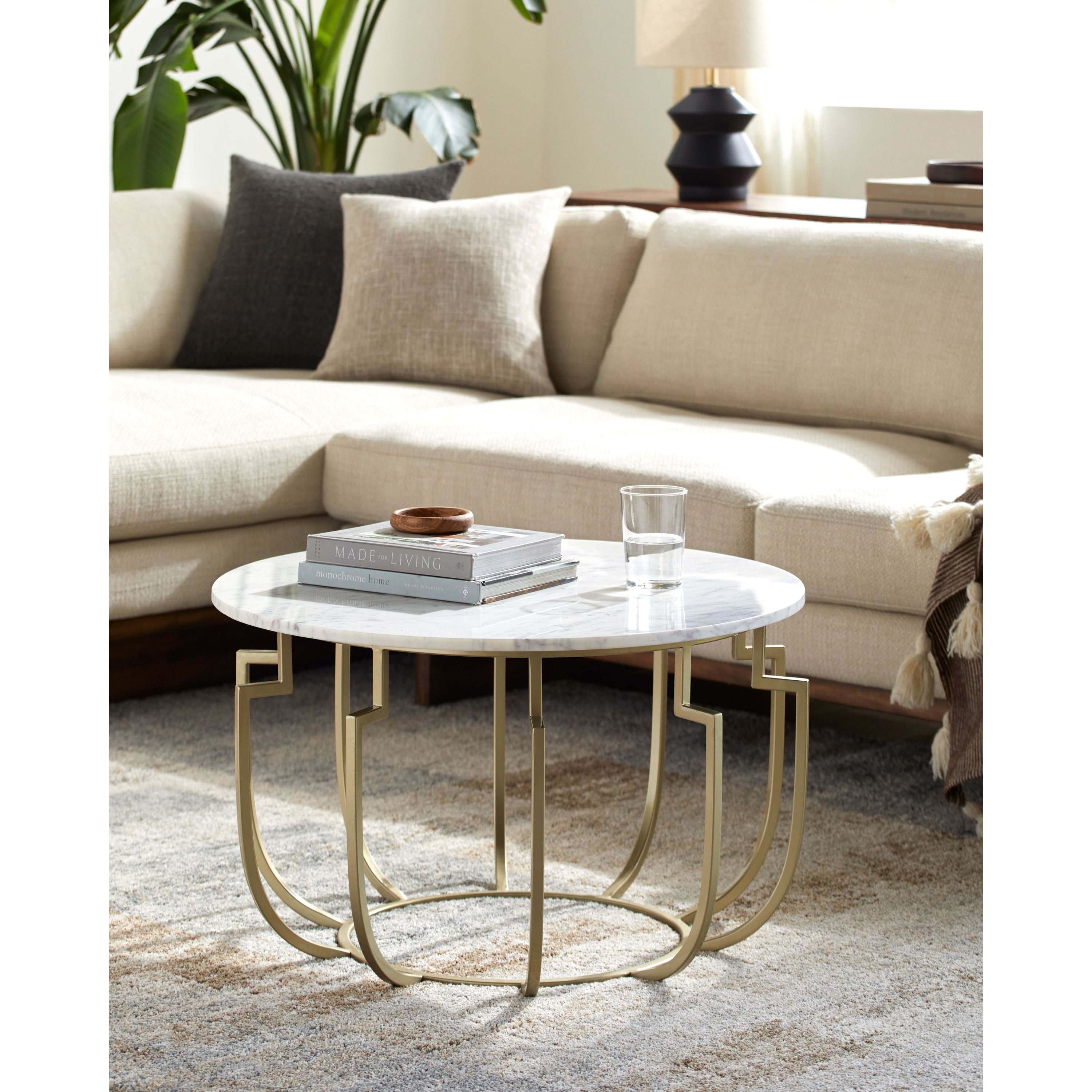 Surya Hendrix Modern White Marble Top With Champagne Metal Base Round Coffee Table HNX-004 - Image 1