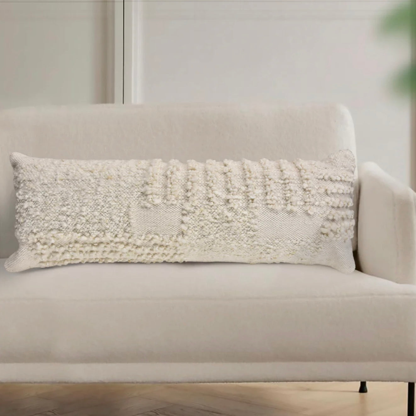 Anaya Home Cream Boucle Patchwork Handwoven Pillow 14x40 With Down Insert ~ DREAMY BEDDING SALE ~ Limited Quantity - Image 2
