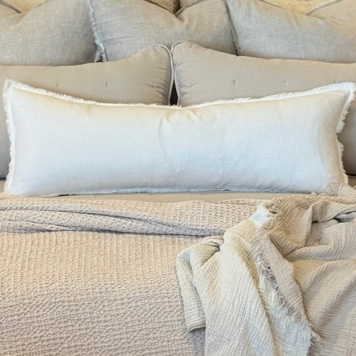 Anaya Home So Soft Linen White Fringe Pillow 14 x 40 With Down Insert ~ DREAMY BEDDING SALE ~ Limited Quantity - Image 1