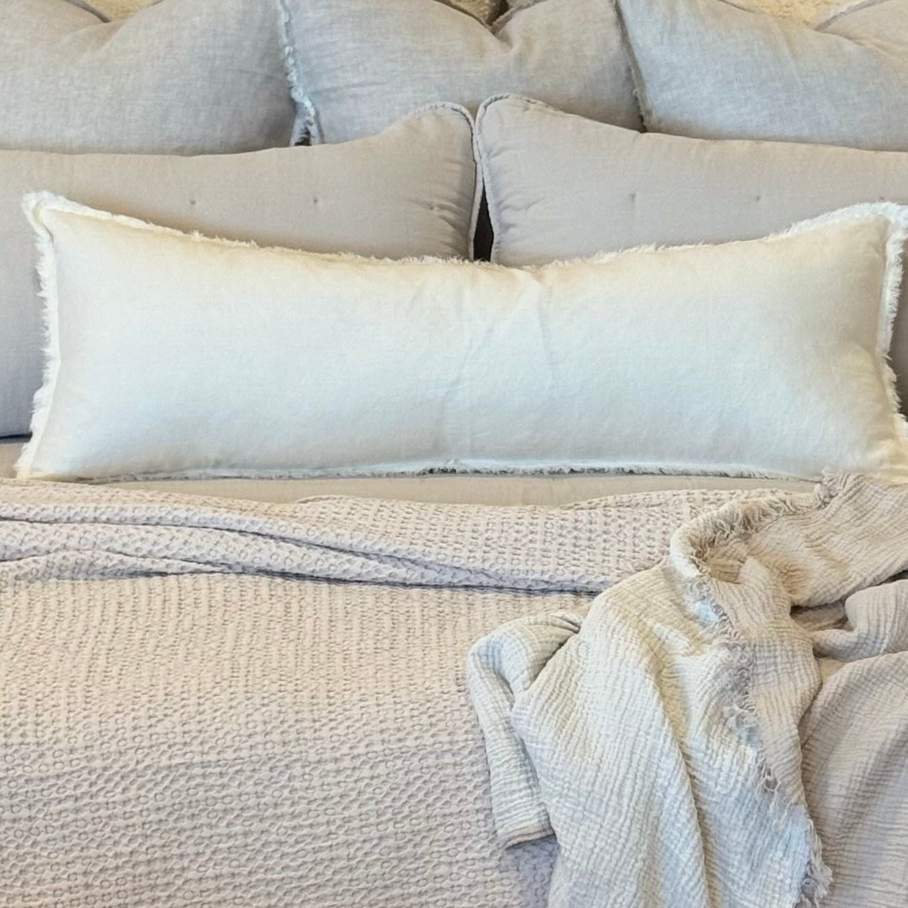 Anaya Home So Soft Linen Natural White Fringe Pillow 14 x 40 With Down Insert ~ DREAMY BEDDING SALE ~ Limited Quantity - Image 1