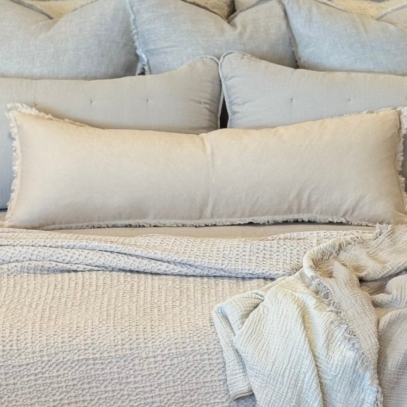 Anaya Home So Soft Linen Sandy Beige Fringe Pillow 14 x 40 With Down Insert ~ DREAMY BEDDING SALE ~ Limited Quantity - Image 1