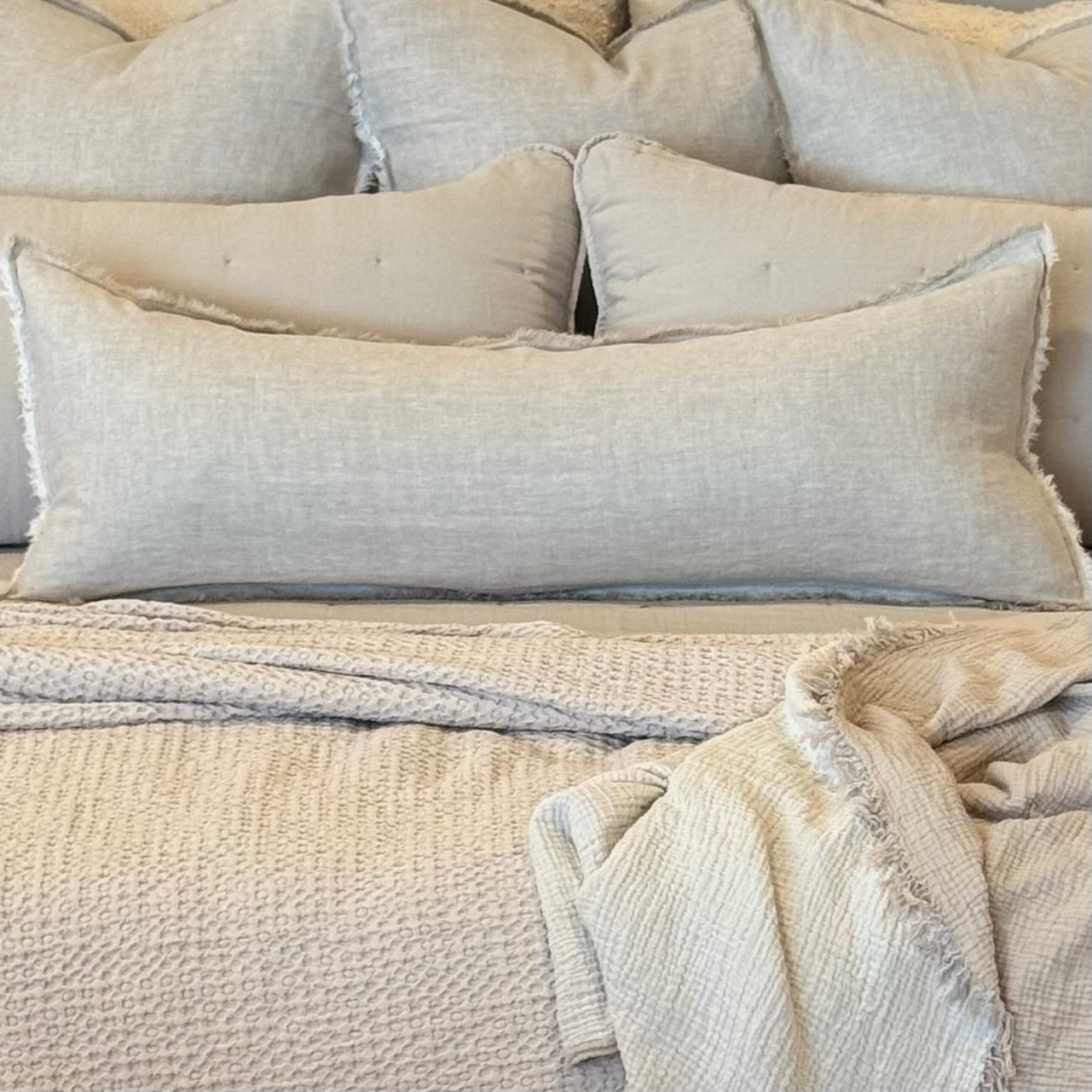 Anaya Home So Soft Linen Natural Beige Fringe Pillow 14 x 40 With Down Insert ~ DREAMY BEDDING SALE ~ Limited Quantity - Image 1