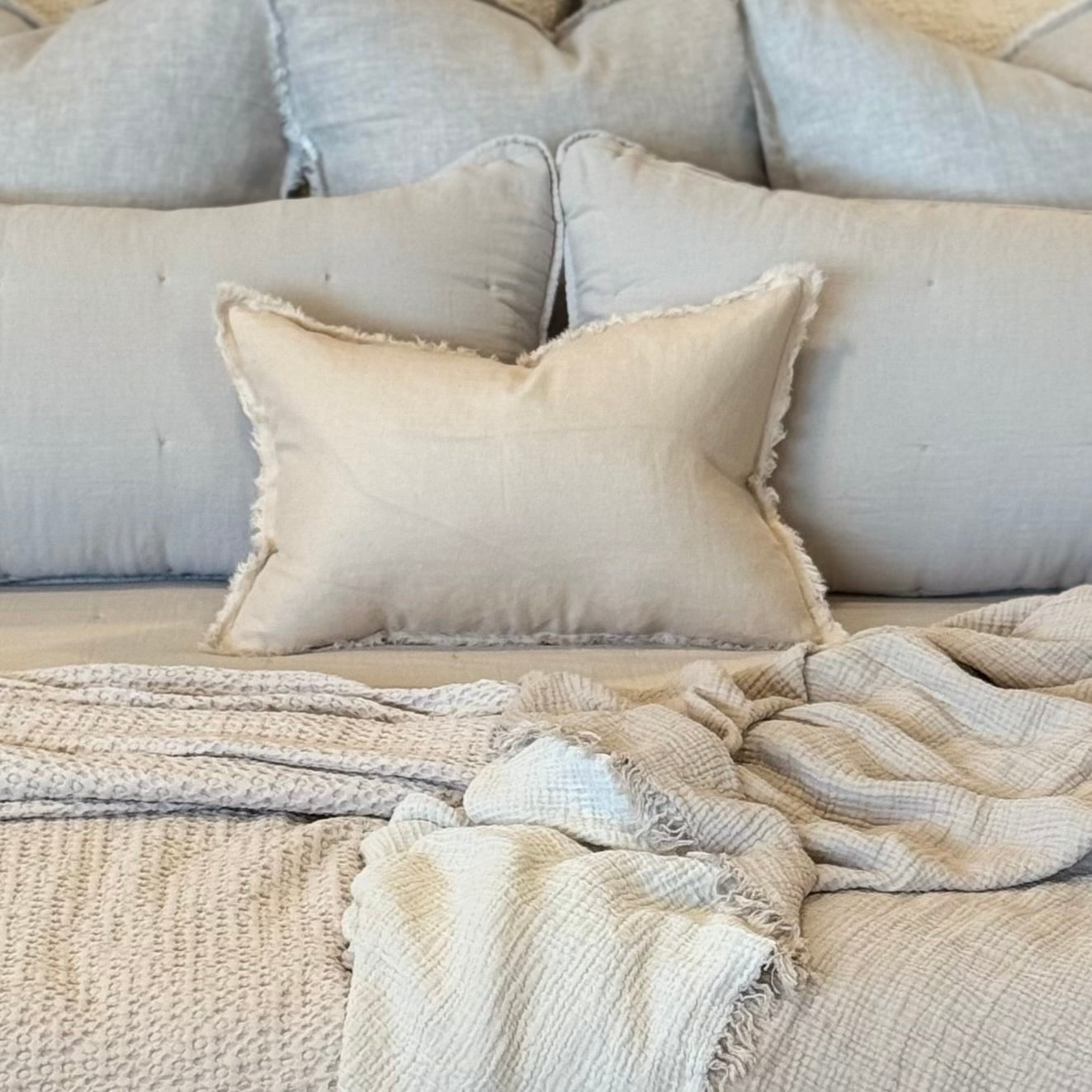 Anaya Home So Soft Linen Sandy Beige Fringe Pillow 14 x 20 With Down Insert ~ DREAMY BEDDING SALE ~ Limited Quantity - Image 1