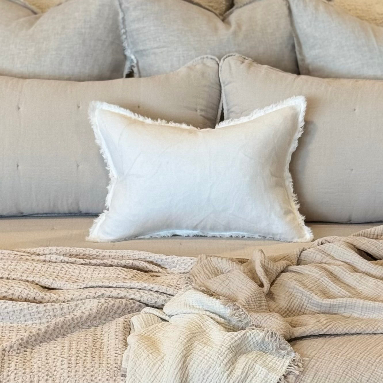 Anaya Home So Soft Linen Natural White Fringe Pillow 14 x 20 With Down Insert ~ DREAMY BEDDING SALE ~ Limited Quantity - Image 1