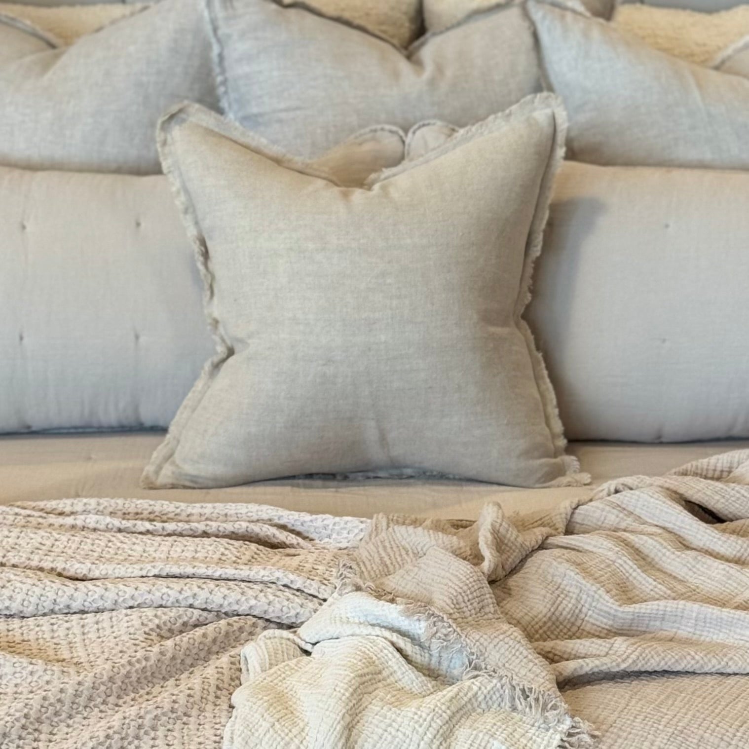 Anaya Home So Soft Linen Natural Beige Fringe Pillow 20 x 20 With Down Insert ~ DREAMY BEDDING SALE ~ Limited Quantity - Image 1
