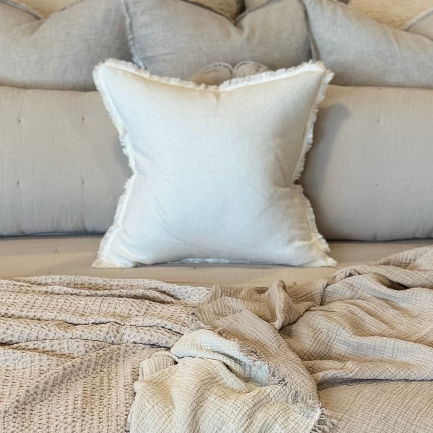 Anaya Home So Soft Linen Natural White Fringe Pillow 20 x 20 With Down Insert ~ DREAMY BEDDING SALE ~ Limited Quantity - Image 1
