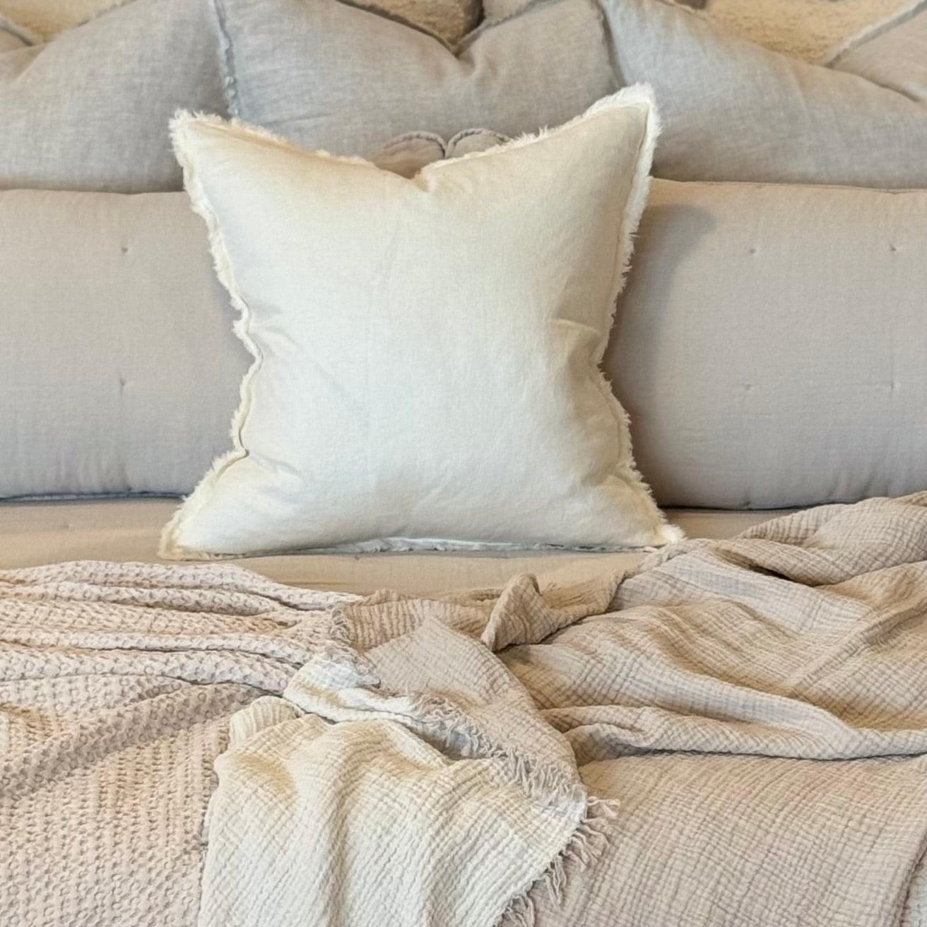 Anaya Home So Soft Linen Ivory Fringe Pillow 20 x 20 With Down Insert ~ DREAMY BEDDING SALE ~ Limited Quantity - Image 1