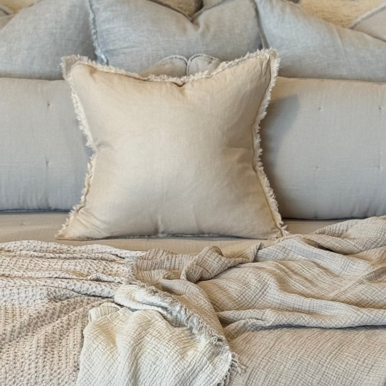 Anaya Home So Soft Linen Sandy Beige Fringe Pillow 20 x 20 With Down Insert ~ DREAMY BEDDING SALE~ Limited Quantity - Image 1
