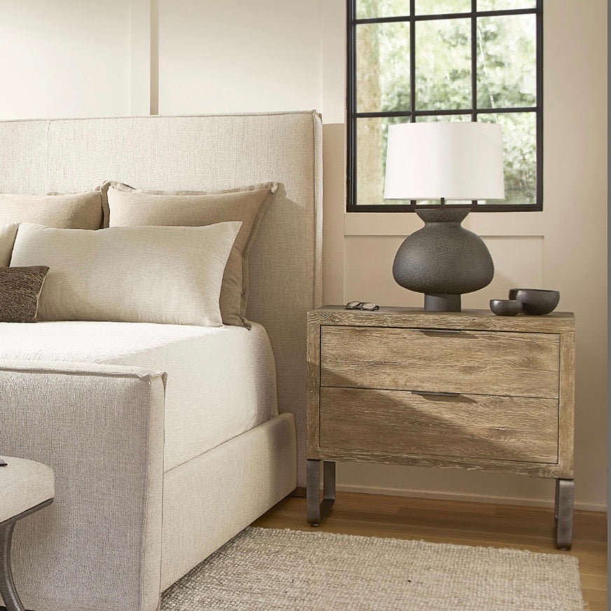 Bernhardt Tribeca Collection Two Drawer Nightstand With Steel Legs ~ Aurum Finish