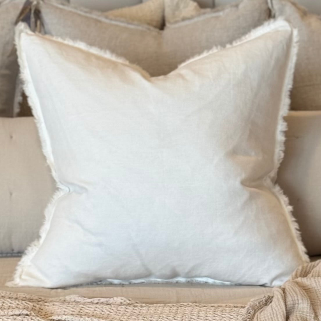Anaya Home So Soft Linen Natural White Fringe Pillow 26 x 26 With Down Insert ~ DREAMY BEDDING SALE ~ Limited Quantity - Image 1