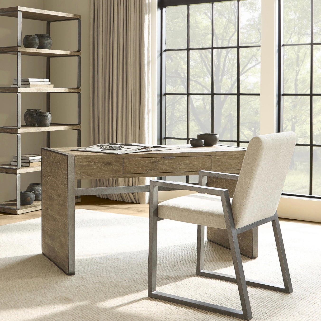 Bernhardt Tribeca Collection Upholstered Dining Armchair with Textured Aluminum Frame - Image 1