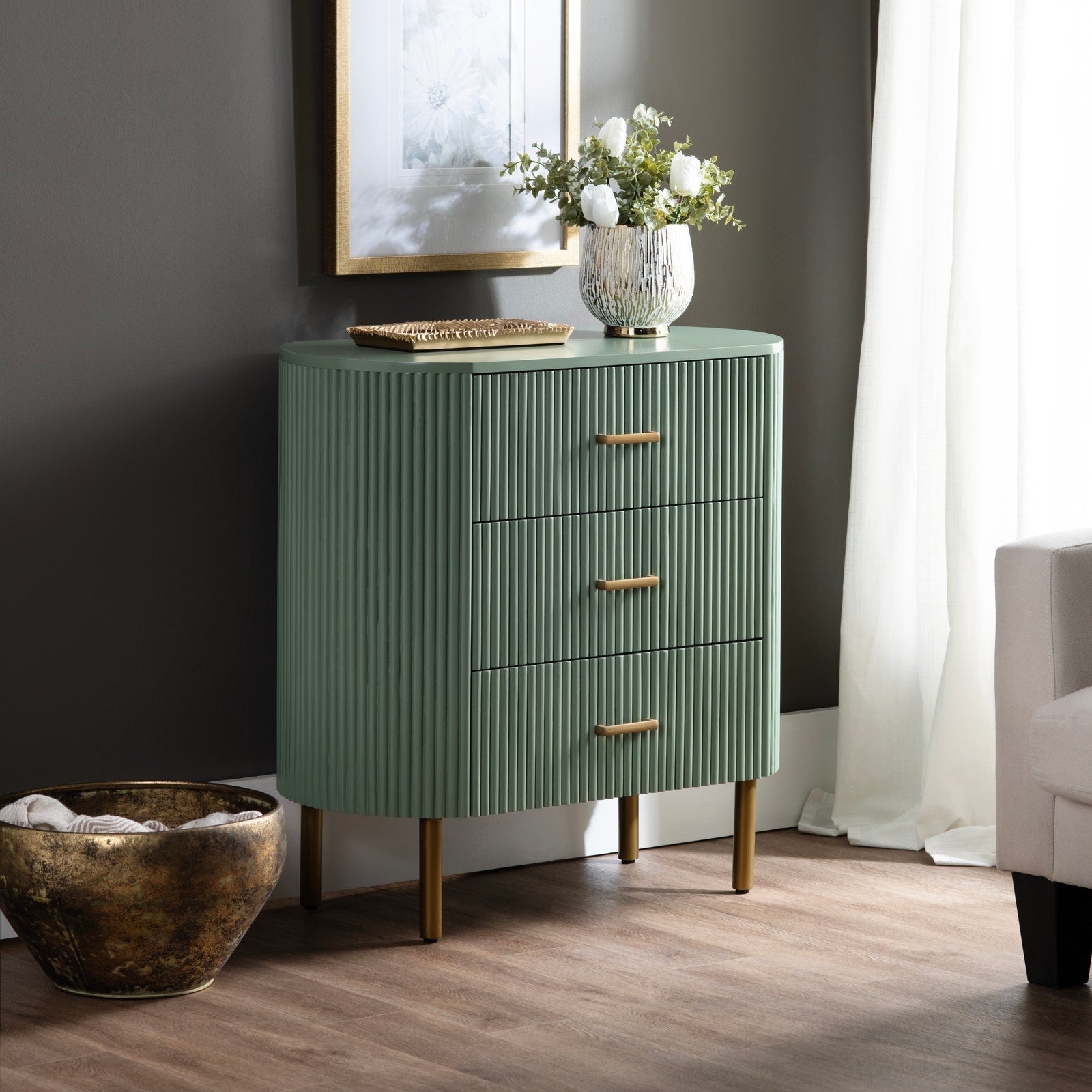 Crestview Collection Astoria Green Fluted Three Drawer Chest - Image 1