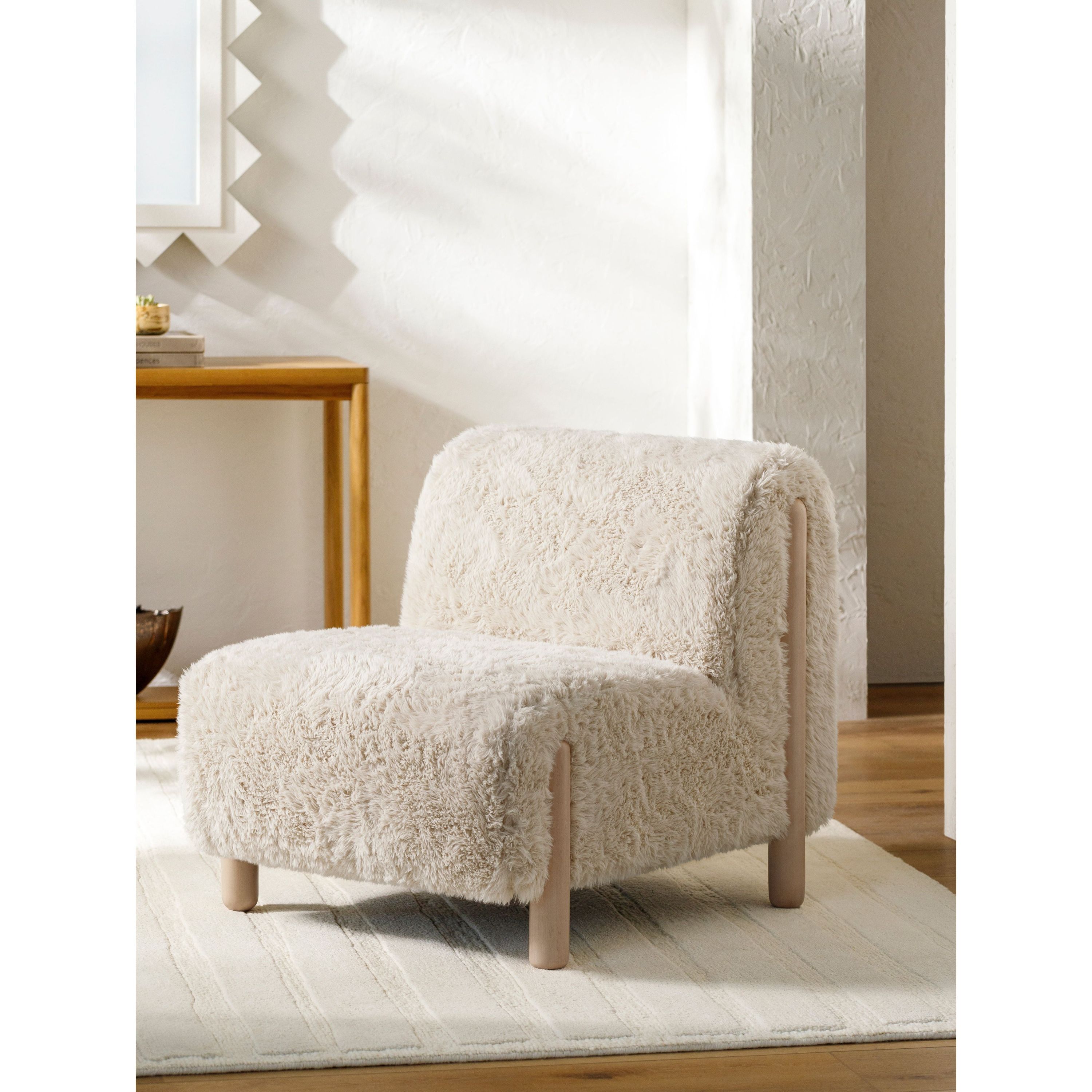 Surya Kenwood Modern Faux Cream Sherpa Low Profile Accent Chair With Wood Legs - Image 1