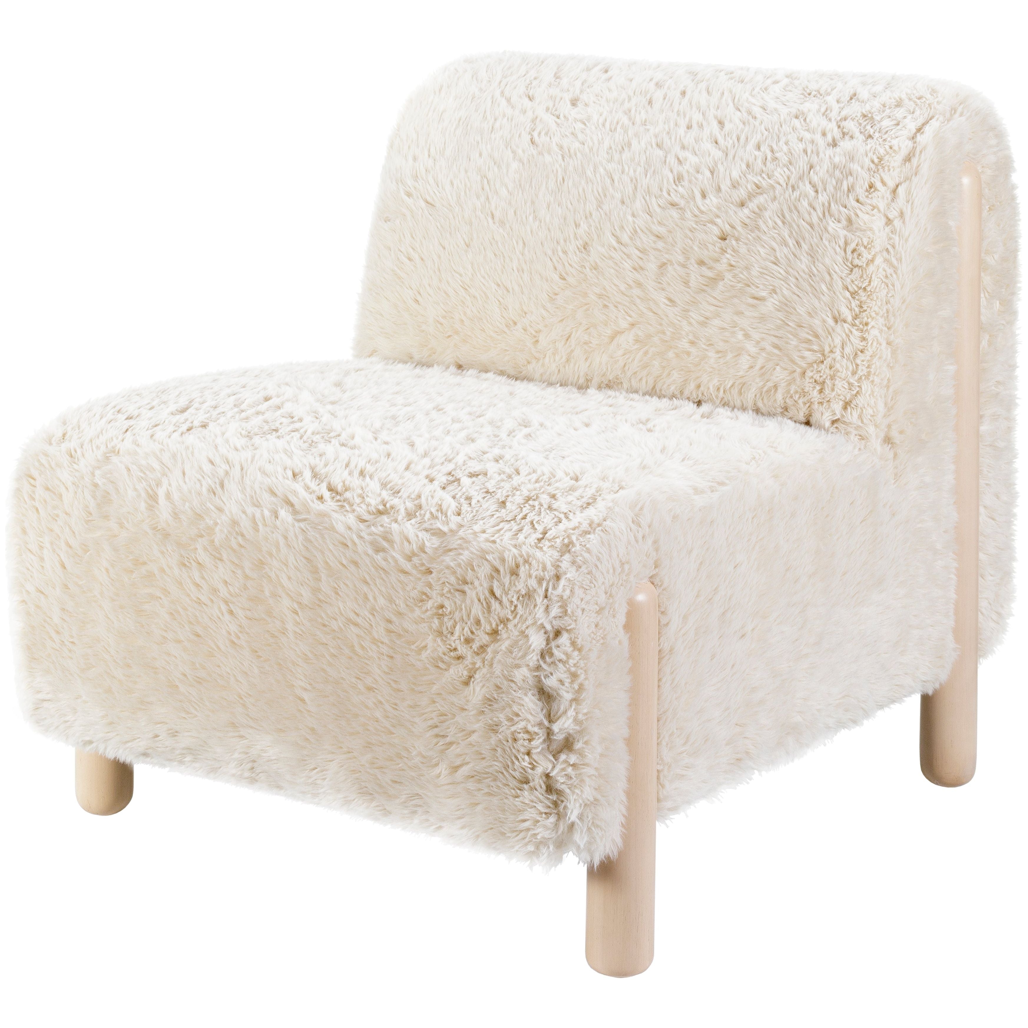 Surya Kenwood Modern Faux Cream Sherpa Low Profile Accent Chair With Wood Legs - Image 2