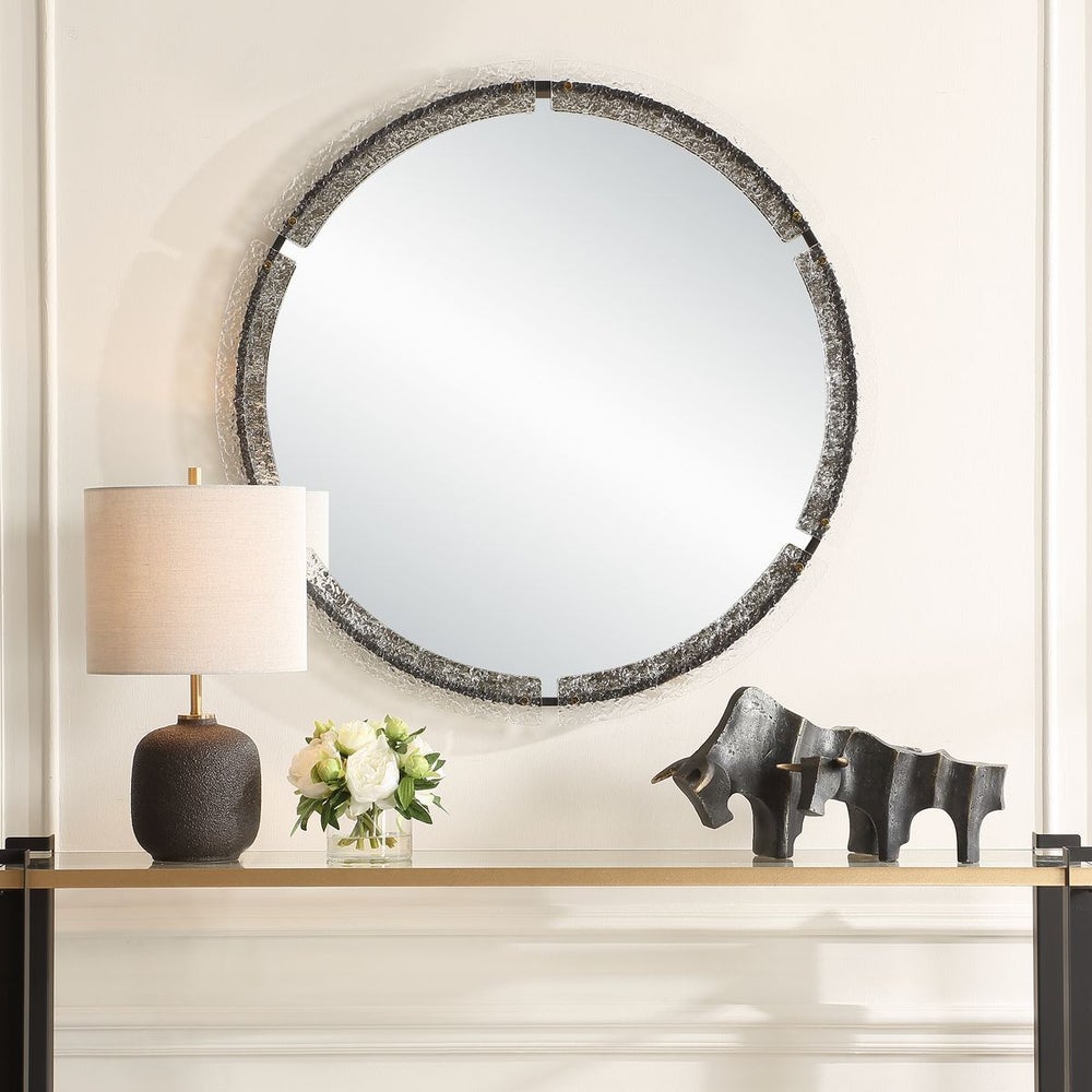 Uttermost Crystalline Sleek Black Iron Framed Round Mirror - Image 1