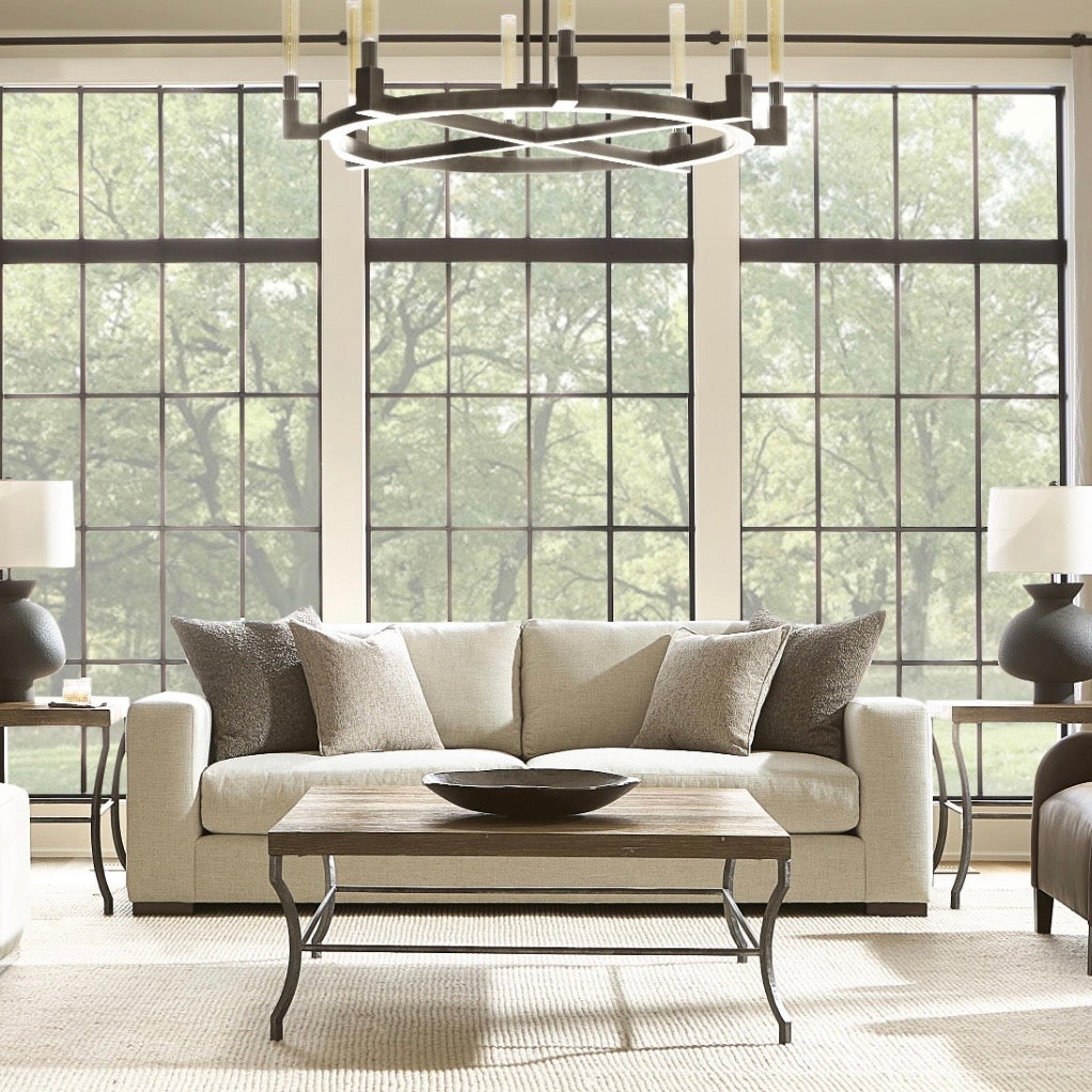Bernhardt Tribeca Collection Square Cocktail Table ~ Aurum Finish with Textured Steel Base