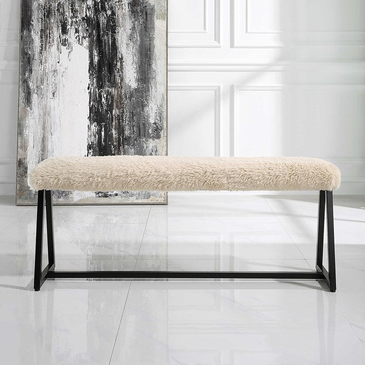 Uttermost Taupo Cream Long Haired Faux Sheepskin with Matte Black  Iron Base Bench - Image 3