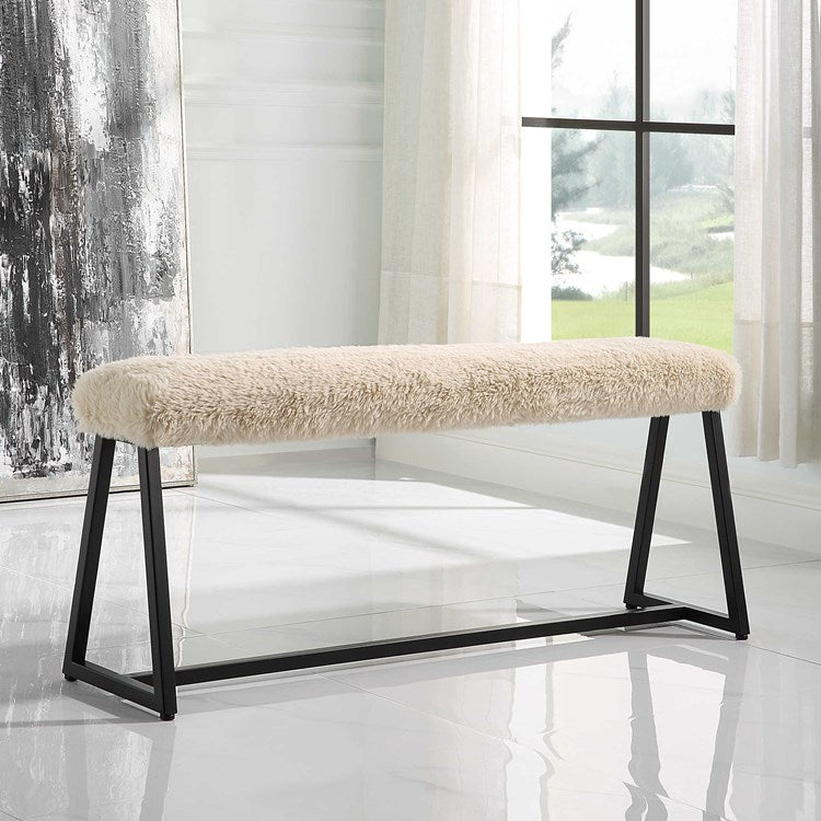 Uttermost Taupo Cream Long Haired Faux Sheepskin with Matte Black  Iron Base Bench - Image 1