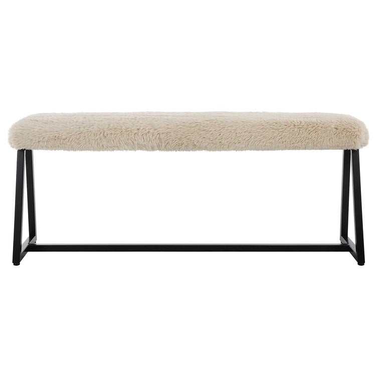 Uttermost Taupo Cream Long Haired Faux Sheepskin with Matte Black  Iron Base Bench - Image 2