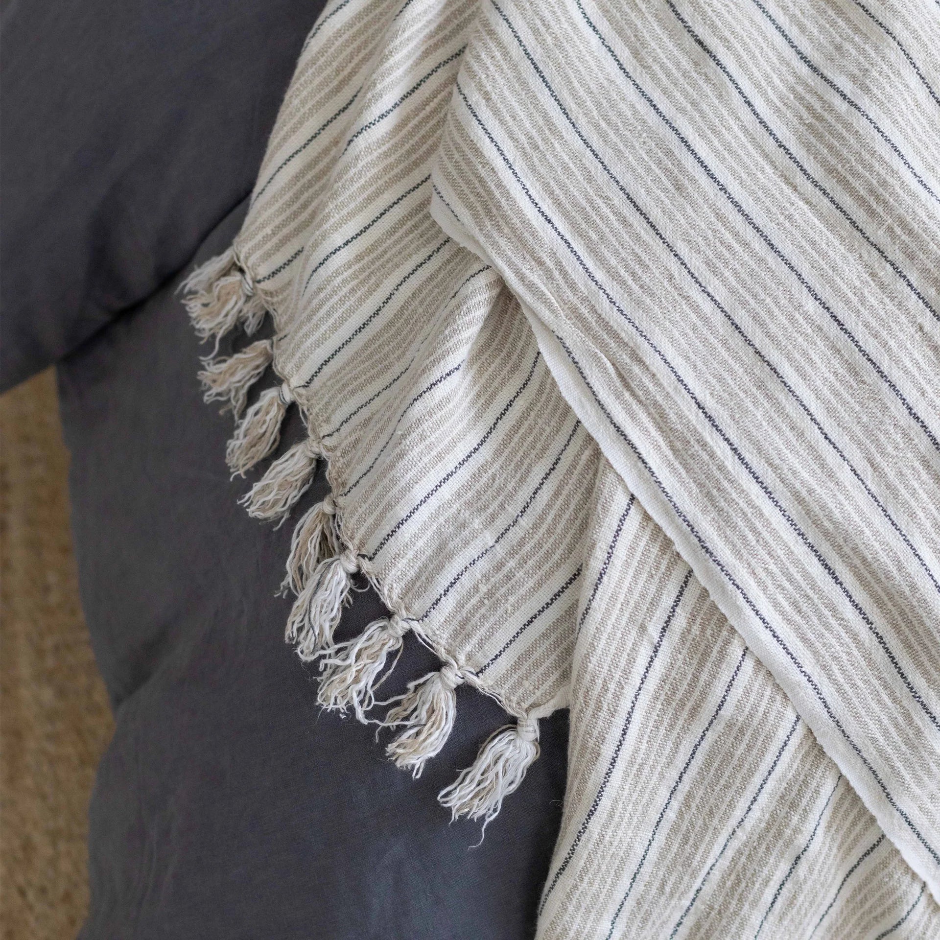 Pom Pom at Home Newport Natural and Midnight Striped Linen Throw Blanket ~ 50” x 70” - Image 3