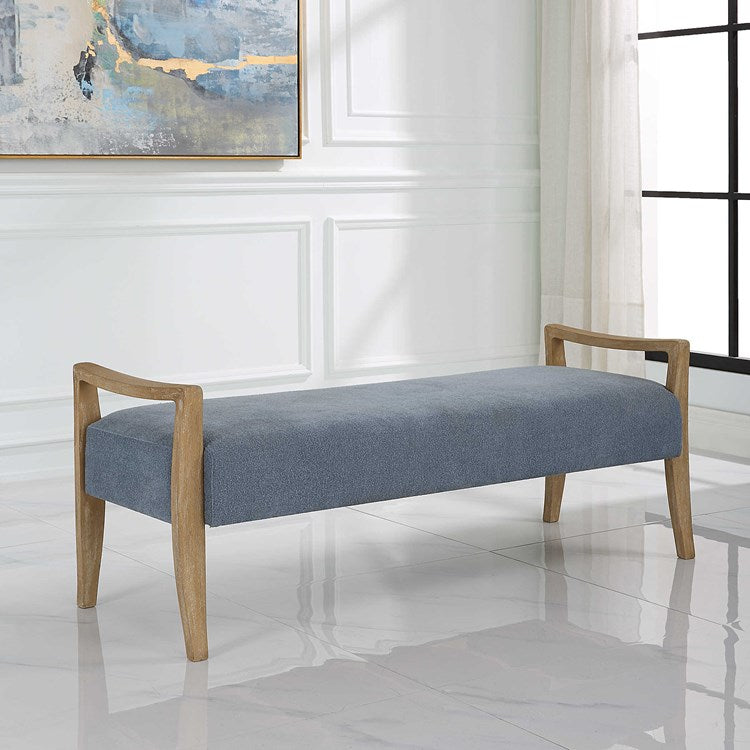 Uttermost Daylight Sky Blue Fabric Cushioned Seat Natural Oak Wood Bench - Image 3