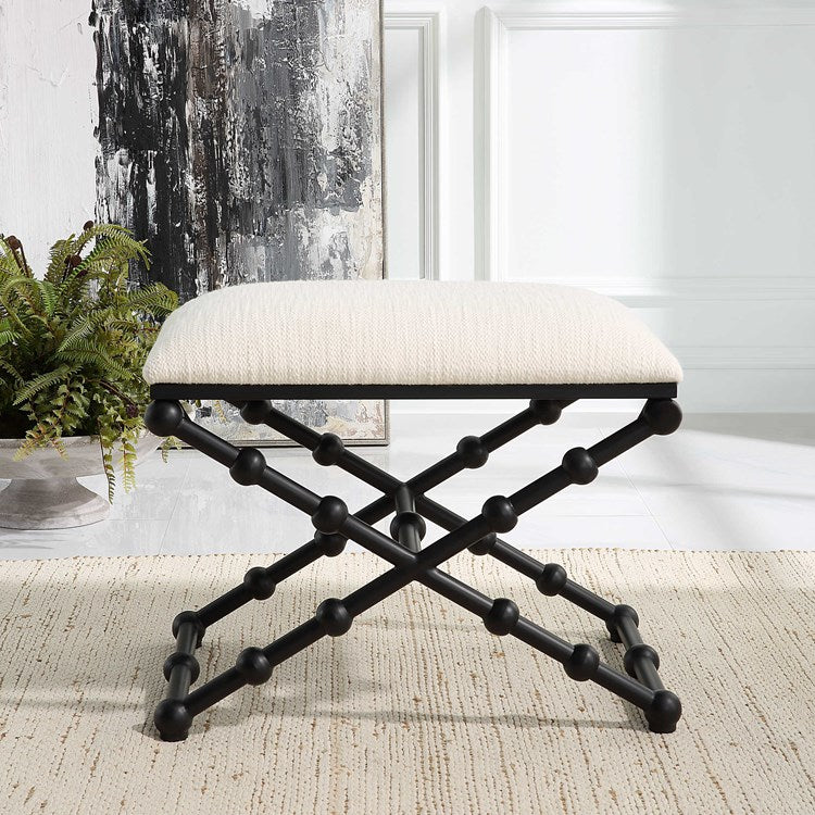 Uttermost Iron Drops Textured White Performance Fabric Seat Modern Black Iron Small Bench - Image 1