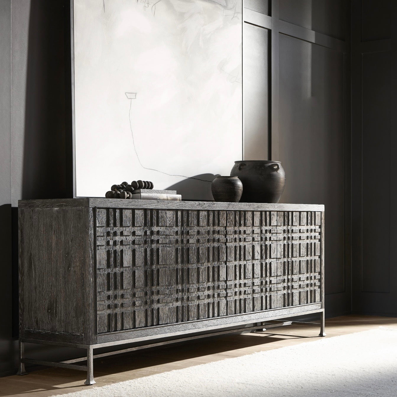 Bernhardt Tribeca Collection Entertainment Credenza ~ Tadon Finish with Textured Steel Base