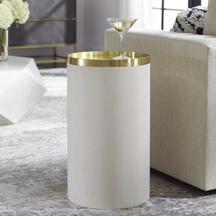 Uttermost Circuit White Faux Shagreen with Brushed Brass Accents Modern Round Accent Table - Image 1