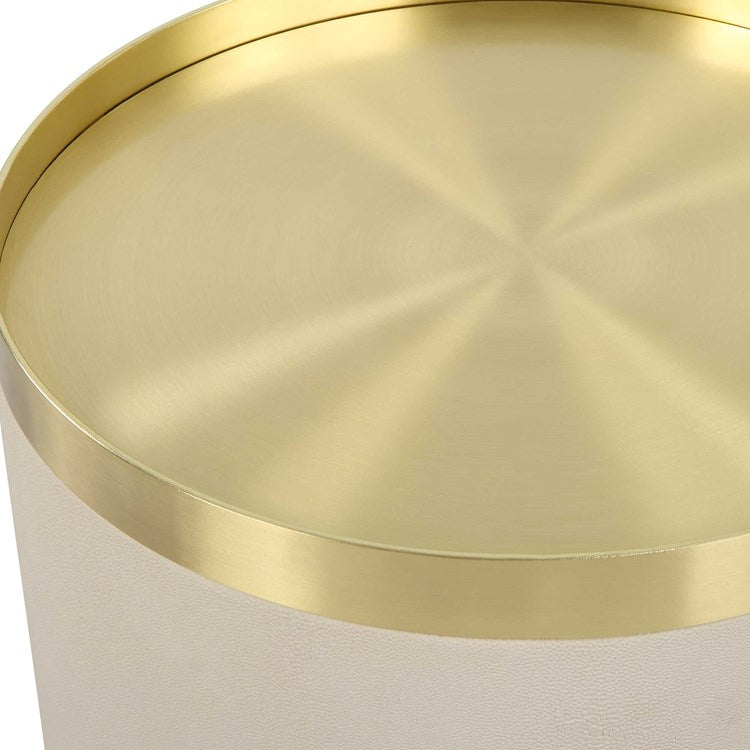 Uttermost Circuit White Faux Shagreen with Brushed Brass Accents Modern Round Accent Table - Image 3