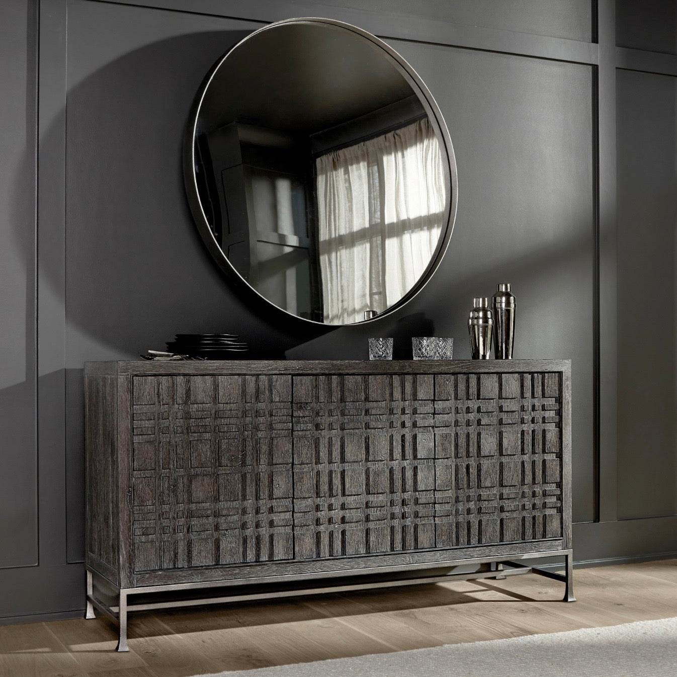 Bernhardt Tribeca Collection Round Mirror ~ Textured Steel