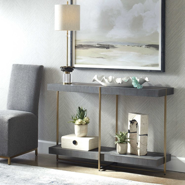 Uttermost Taja Gray Glazed Walnut Stain With Brushed Brass Base Contemporary Console Table - Image 1
