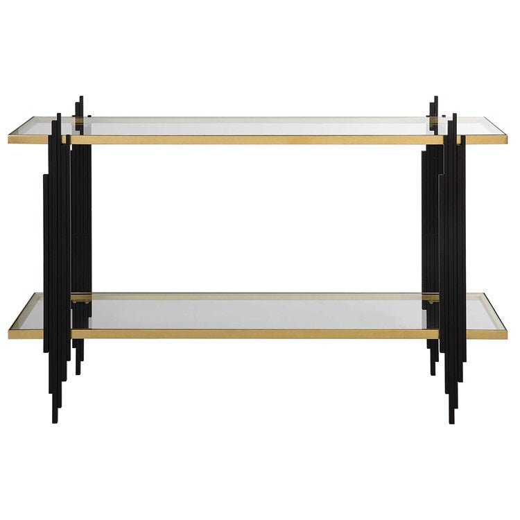 Uttermost Empire Gold Leaf Glass Shelves with Matte Black Iron Contemporary Console Table - Image 2
