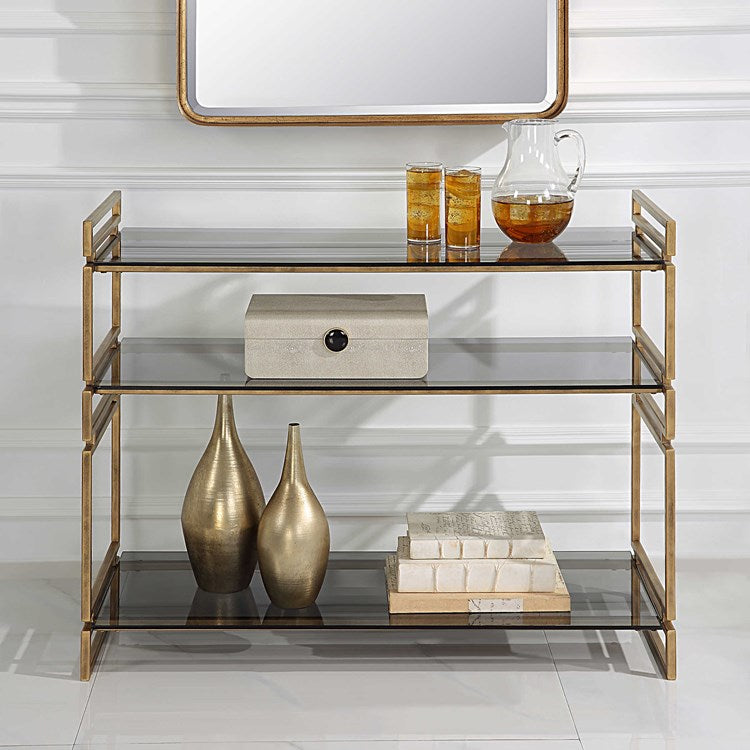Uttermost Stacked Up Smoked Gray Glass Shelves with Antiqued Gold Iron Contemporary Console Table - Image 3
