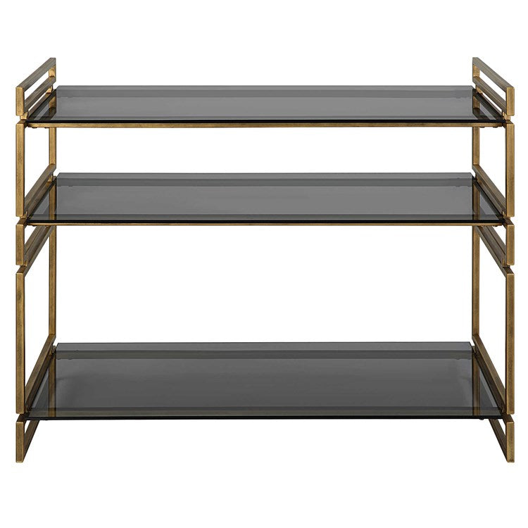 Uttermost Stacked Up Smoked Gray Glass Shelves with Antiqued Gold Iron Contemporary Console Table - Image 2