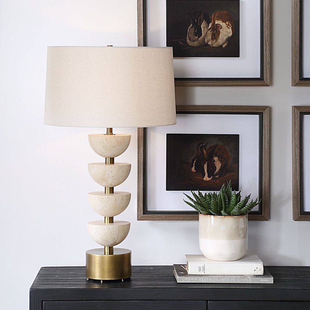 Uttermost Hemisphere Travertine with Brushed Brass Table Lamp - Image 1