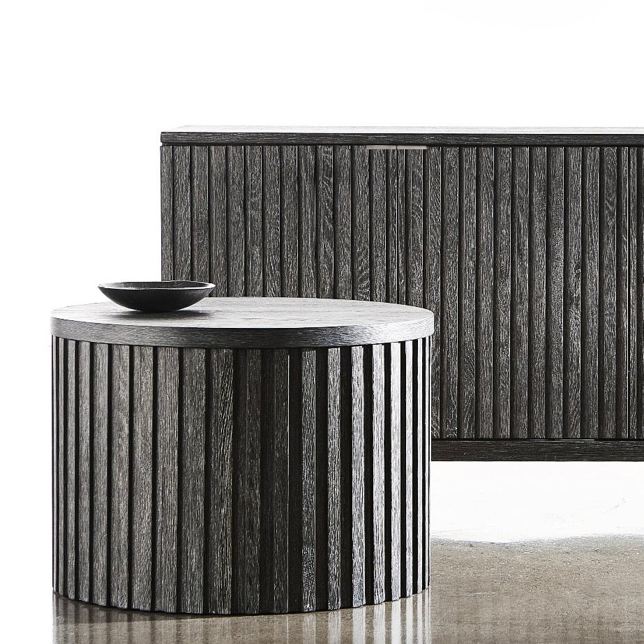 Bernhardt Loft Menton Collection Modern Drum Shaped Round Side Table ~ Sutton Finish - Image 1